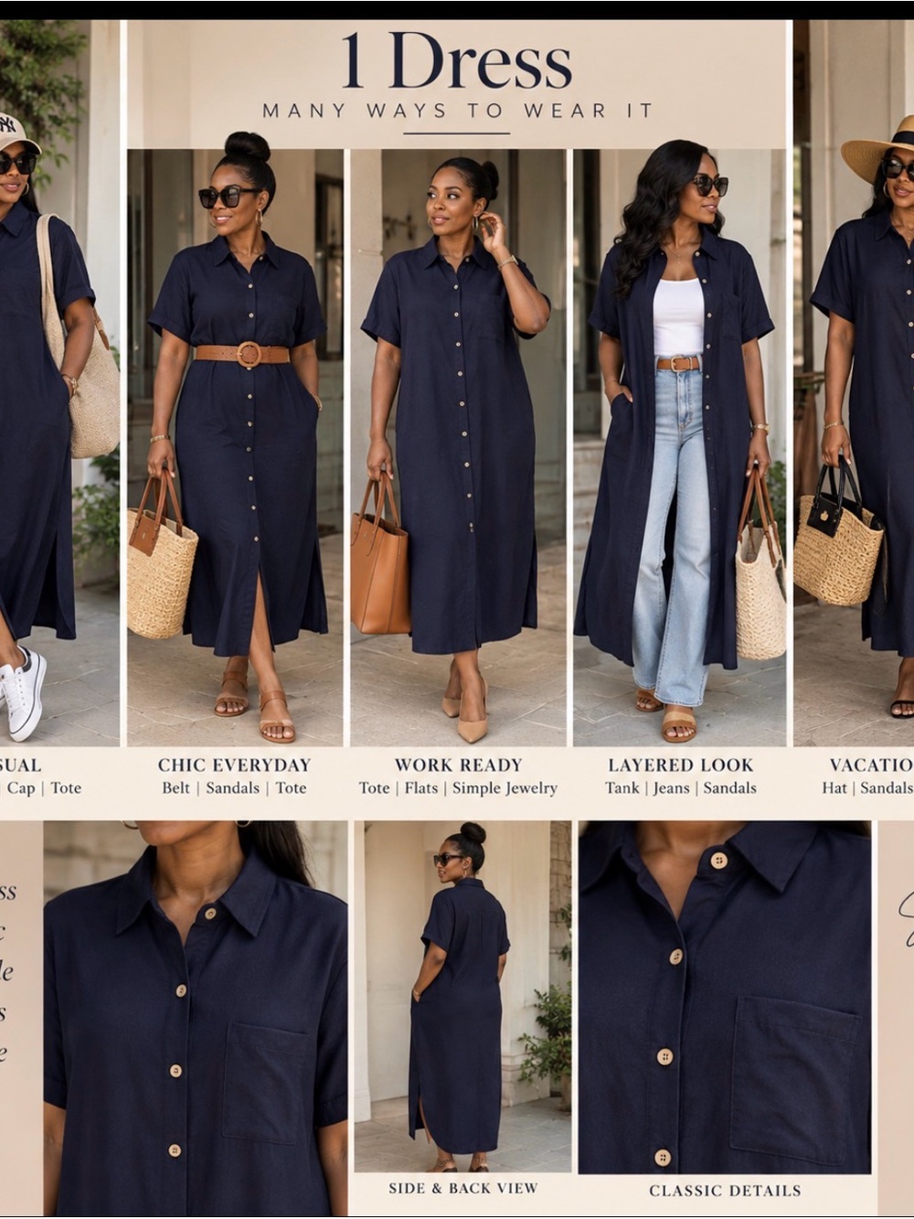 Travel wear Quite Luxury Old Money Zeagoo Navy Button-Front Midi Shirt Dress
